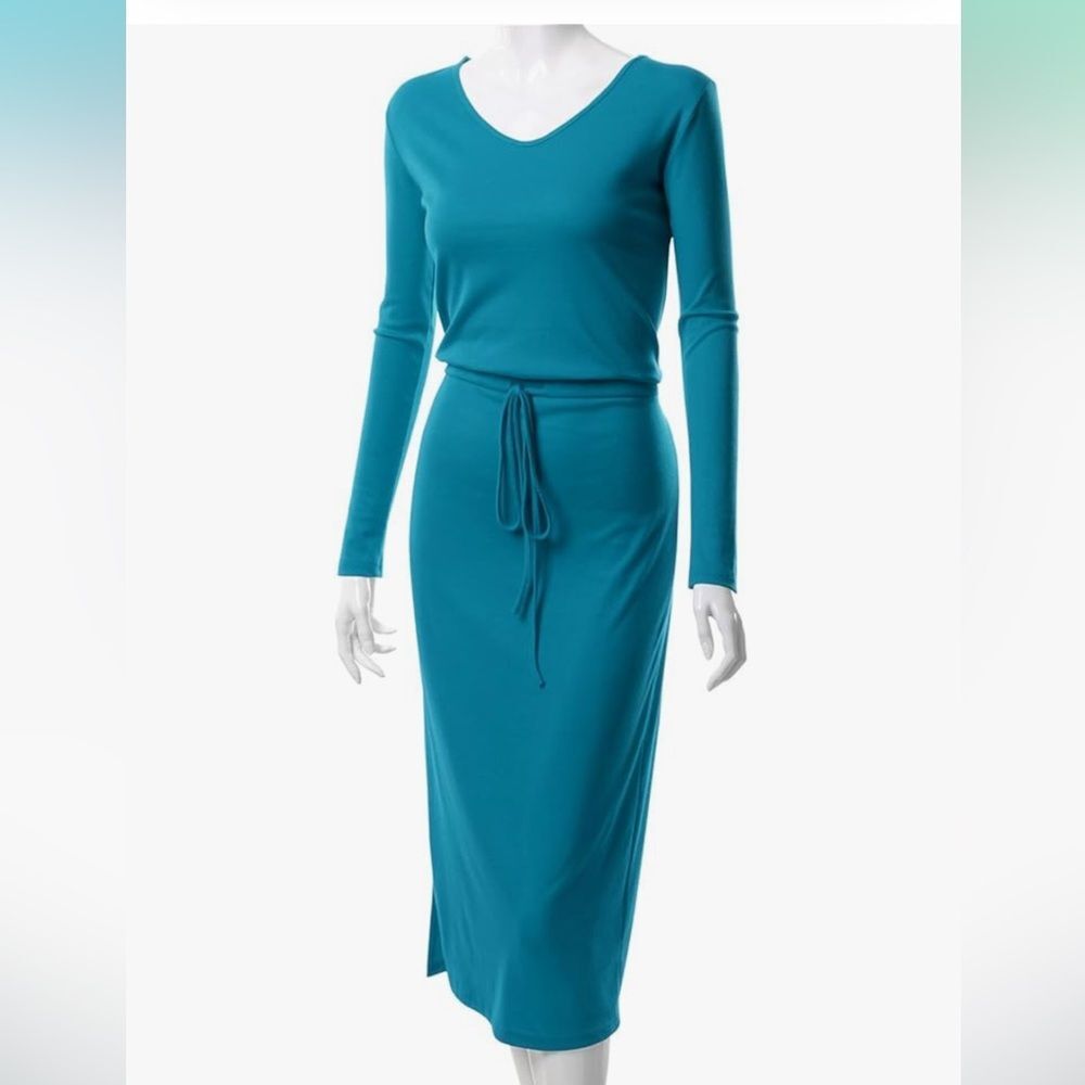 Long Sleeve Drawstring Waist V-Neck Cotton Blend Long Dress for Women Size Large